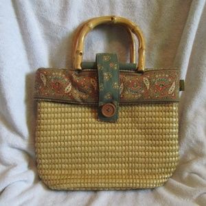 Maggi B Straw Purse W/Fabric Trim & Bamboo Handles